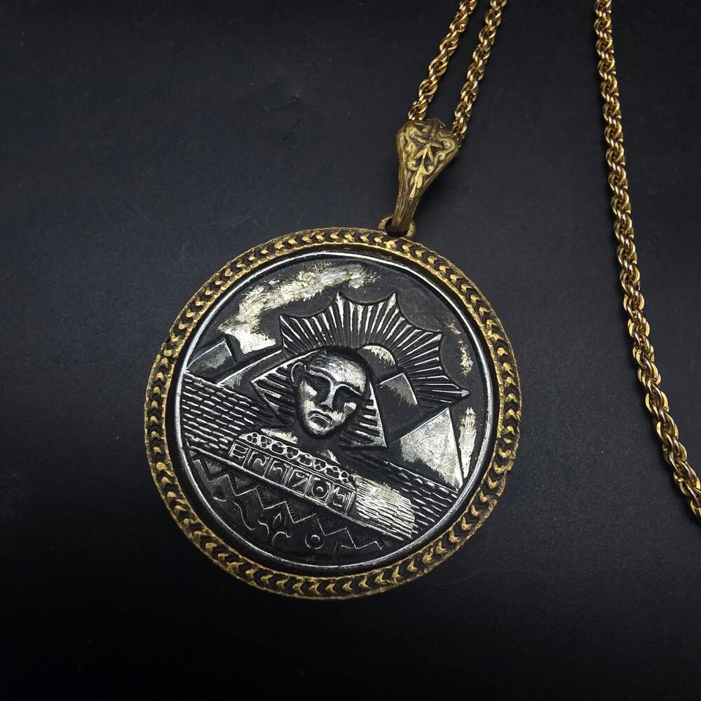 Egyptian Revival Medallion Pendant Necklace Gold Tone Silver Tone Pharaoh